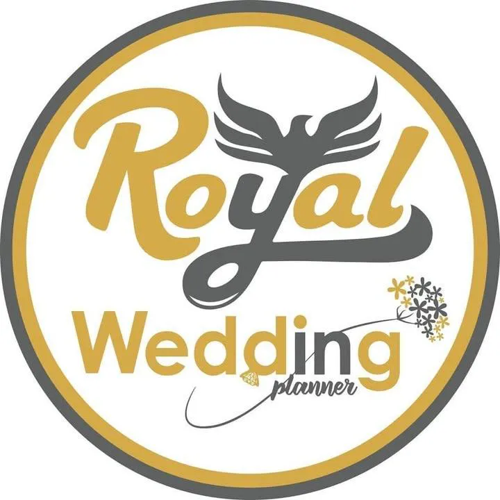 Royal Wedding planner logo: gold lettering and charcoal wings inside a round badge